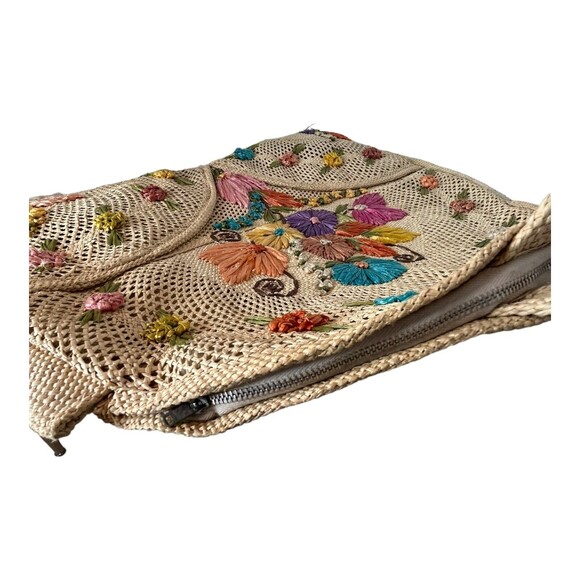 Vintage Hand Woven Large Straw Grass Raffia Shoulder Bag Floral Vacation Beach - Picture 6 of 7